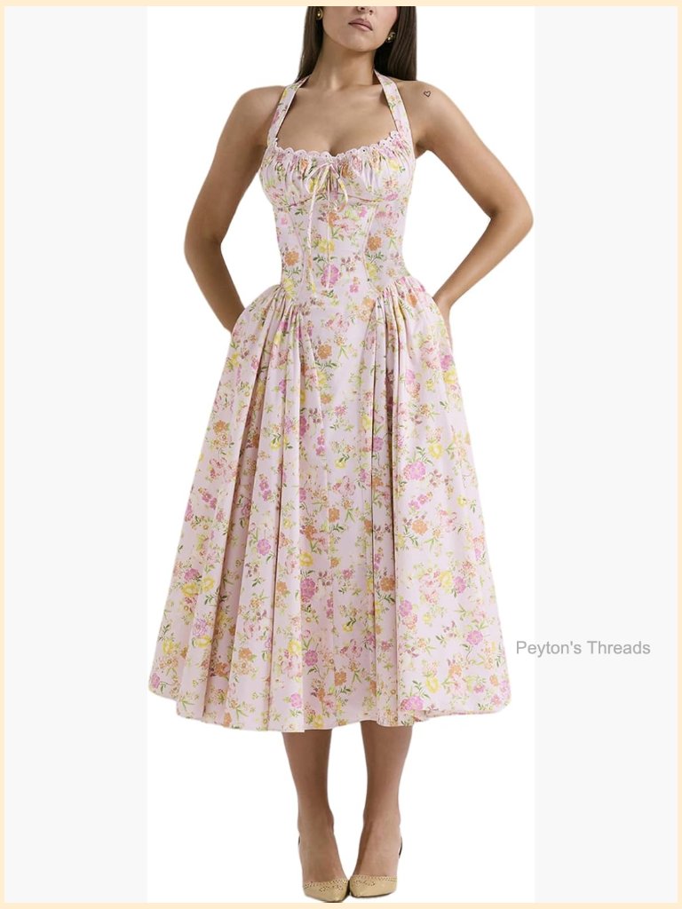 Floral Corset Midi Dress Halter Bustier Lace Sundress With Pockets